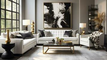 Luxurious furnished Living room, spacious cozy sofa, black and white monochrome palette, elegant interior design, AI Generative photo