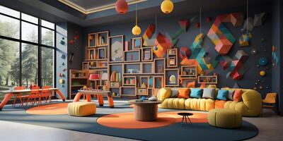 A beautiful Interior design of a colorful kindergarten, educational playroom, kid learning space, nursery, AI Generative photo