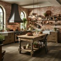 Rustic farmhouse kitchen, stylish spacious cooking area, interior design, AI Generative photo