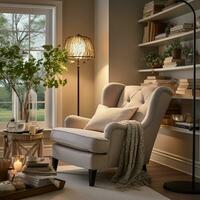 Cozy reading nook plush armchair, bookshelf filled with books of all genres, reading time, elegant interior design, AI Generative photo