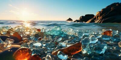 Beautiful Glass Beach, colorful pebbles, Fantasy seascape, dreamy atmosphere, AI Generative photo