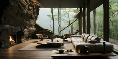 interior diseño, vivo habitación con sereno naturaleza vista, hermosa mansión diseño en el bosque, ai generativo foto