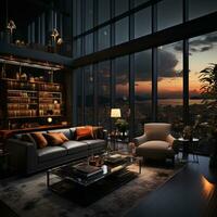 Interior Design modern Living room, windows show stunning view of the city skyline, Empty room apartment, AI Generative photo