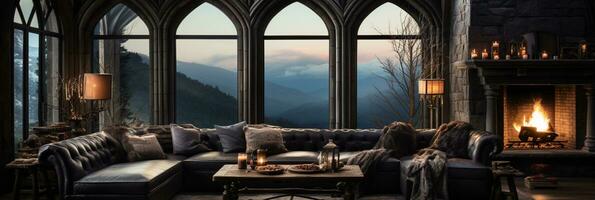 Interior Design, Beautiful Living room Gothic Style, Luxury Mansion, Elegant tall window, AI Generative photo