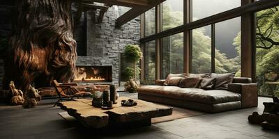 Interior Design, Living room with serene nature view, Beautiful mansion design in the forest, AI Generative photo