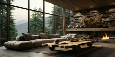Interior Design, Living room with serene nature view, Beautiful mansion design in the forest, AI Generative photo