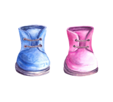 Baby pink and blue booties, shoes. He or she, boy or girl. Watercolor hand draw illustration. Design set for baby happy birthday decoration, newborn, gender reveal party. png