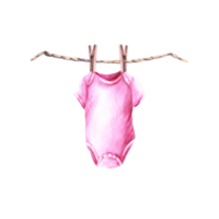 baby roze bodysuit met Kledinglijn en kleren pinnen. het is een meisje, baby meisje. waterverf hand- trek illustratie. reeks voor verjaardag, pasgeboren, geslacht onthullen partij, afdrukken kaarten. png