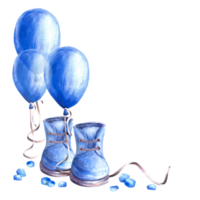 Blue Air ballon with baby shoes, booties and blue peas. watercolor Baby Boy clipart. It is a boy, newborn, gender reveal or happy birthday party, hand drawn illustrations png