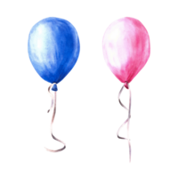 Blue and pink air balloons with a ribbon set. Gender reveal party, newborn or birthday celebration. Hand painted watercolor illustration, For greeting card, invitation. png