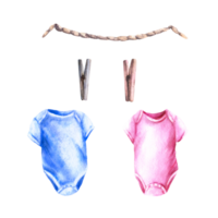 Baby pink and blue bodysuit with clothesline and clothes pegs. He or she, boy or girl Watercolor hand draw illustration  Set for birthday, newborn, gender reveal party, print png