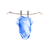 Baby blue bodysuit with clothesline and clothes pegs. It is a boy, baby boy. Watercolor hand draw illustration  Set for birthday, newborn, gender reveal party, print cards. png