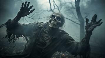 Ghost scenery Halloween background, Zombie Apocalypse, scary haunted cemetery, AI Generative photo