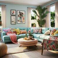 Furnished Modern Living room, bright blue and pink color palette, interior design, AI Generative photo