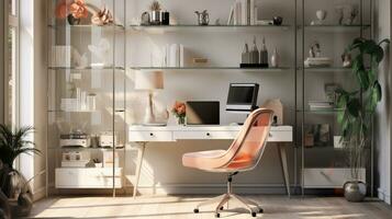 Contemporary furnished home office, comfortable office, workspace with desk and chair, stylish interior design, AI Generative photo