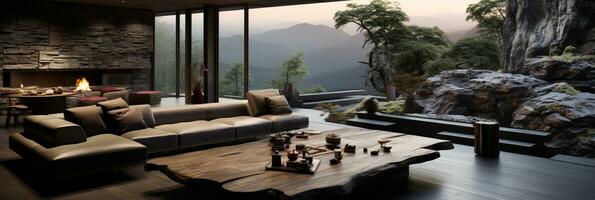 Interior Design, Living room with serene nature view, Beautiful mansion design in the forest, AI Generative photo