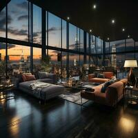 Interior Design modern Living room, windows show stunning view of the city skyline, Empty room apartment, AI Generative photo