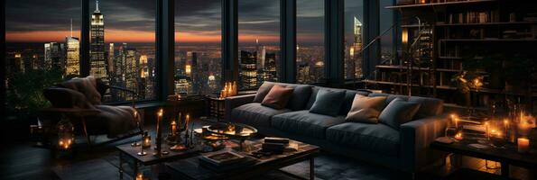 Interior Design modern Living room, windows show stunning view of the city skyline, Empty room apartment, AI Generative photo