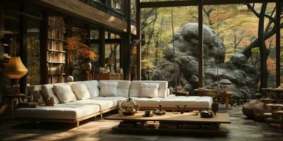 Interior Design, Minimalistic Living room with serene nature view, Beautiful villa design in the forest, AI Generative photo