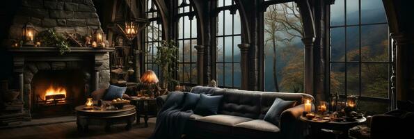 Interior Design, Beautiful Living room Gothic Style, Luxury Mansion, Elegant tall window, AI Generative photo