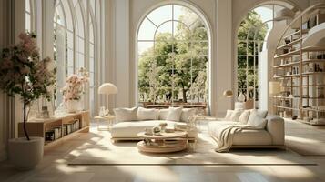 Interior Design Luxurious modern Living room, minimal tall window, Cozy sofa, serene nature scenery, Elegant villa, AI Generative photo