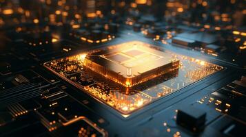 High-tech Computer chip close up shot, production of electronic, circuit board, futuristic design, extreme detail, AI Generative photo
