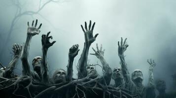 Ghost scenery Halloween background, Zombie Apocalypse, scary haunted cemetery, AI Generative photo