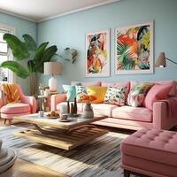 Furnished Modern Living room, bright blue and pink color palette, interior design, AI Generative photo