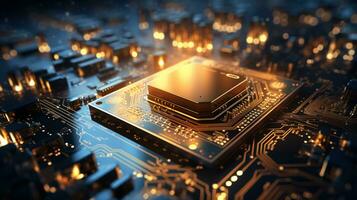 High-tech Computer chip close up shot, production of electronic, circuit board, futuristic design, extreme detail, AI Generative photo