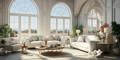 interior diseño lujoso moderno vivo habitación, mínimo alto ventana, acogedor sofá, sereno naturaleza escenario, elegante villa, ai generativo foto