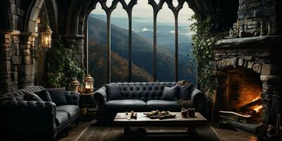 Interior Design, Beautiful Living room Gothic Style, Luxury Mansion, Elegant tall window, AI Generative photo