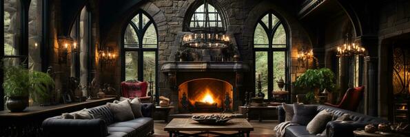 Interior Design, Beautiful Living room Gothic Style, Luxury Mansion, Elegant tall window, AI Generative photo