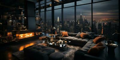 Interior Design modern Living room, windows show stunning view of the city skyline, Empty room apartment, AI Generative photo