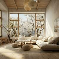 Interior Design, Minimalistic Living room with serene nature view, Beautiful villa design in the forest, AI Generative photo