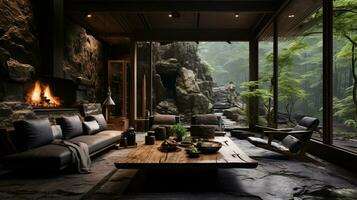 Interior Design, Living room with serene nature view, Beautiful mansion design in the forest, AI Generative photo
