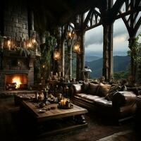 Interior Design, Beautiful Living room Gothic Style, Luxury Mansion, Elegant tall window, AI Generative photo