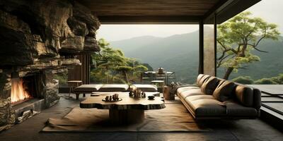 Interior Design, Living room with serene nature view, Beautiful mansion design in the forest, AI Generative photo