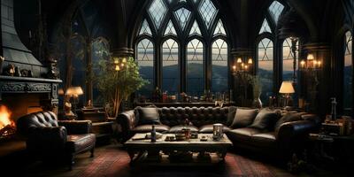 Interior Design, Beautiful Living room Gothic Style, Luxury Mansion, Elegant tall window, AI Generative photo