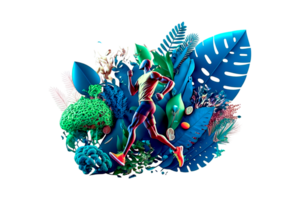 3d illustration run with big leaves ai generated png