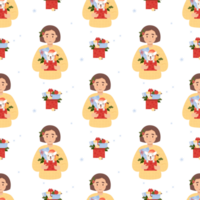 Christmas seamless pattern. Cute woman with  dog New Year gifts png