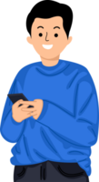 young man holding mobile phone looking at smartphone and typing message png