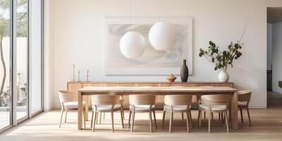 Minimal dining room, bright dining area, interior design, AI Generative photo