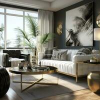 Luxurious furnished Living room, spacious cozy sofa, black and white monochrome palette, elegant interior design, AI Generative photo