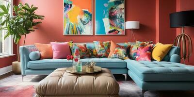 Furnished Modern Living room, bright blue and pink color palette, interior design, AI Generative photo