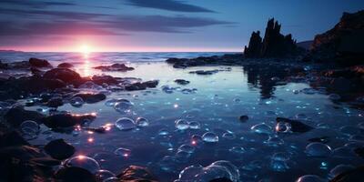 hermosa vaso playa, vistoso guijarros, fantasía marina, soñador atmósfera, ai generativo foto