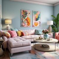 Furnished Modern Living room, bright blue and pink color palette, interior design, AI Generative photo