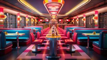 Retro vintage diner restaurant, interior design, stylish old fashioned design concept, AI Generative photo