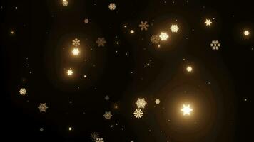 goud sneeuwvlok vallend Aan zwart achtergrond, schitteren gloeiend animatie video