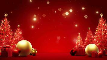 Navidad con copo de nieve oro que cae , pino rojo árbol , oro Navidad pelota y regalo caja decoración. video