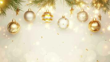Kerstmis bal en ster hangende Aan wit muur, met pijnboom blad gloed schitteren goud achtergrond, confetti vallen. video